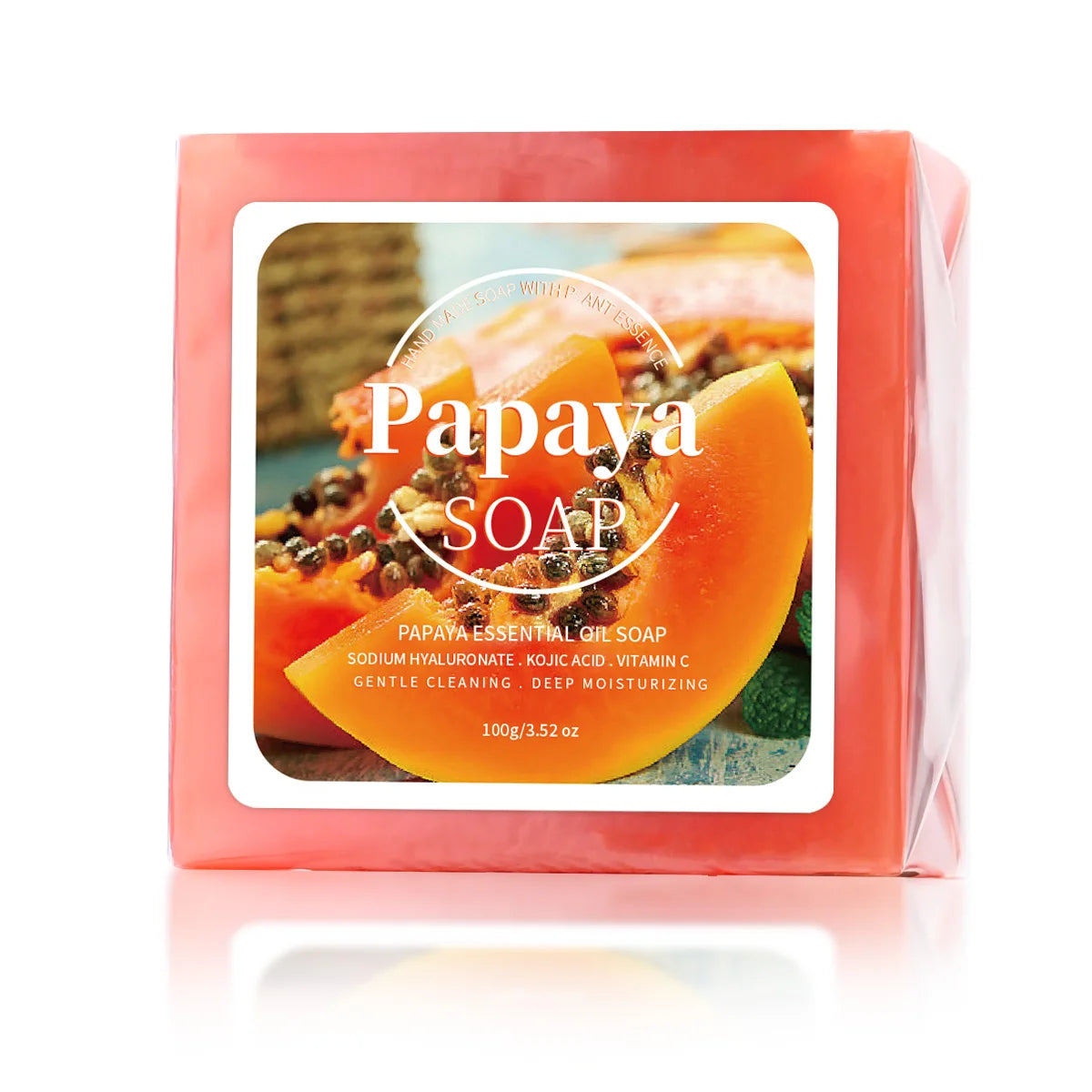 Papaya soap bar in a pink packaging with an image of a papaya on a white background.