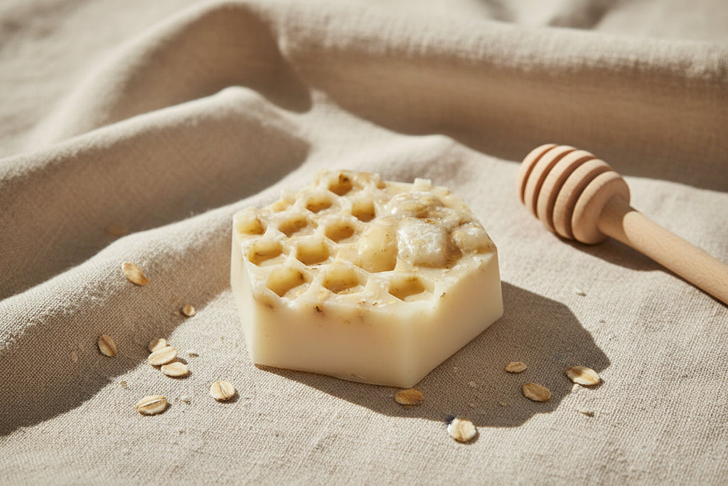 Bar of soap with honeycomb texture on a textured fabric background