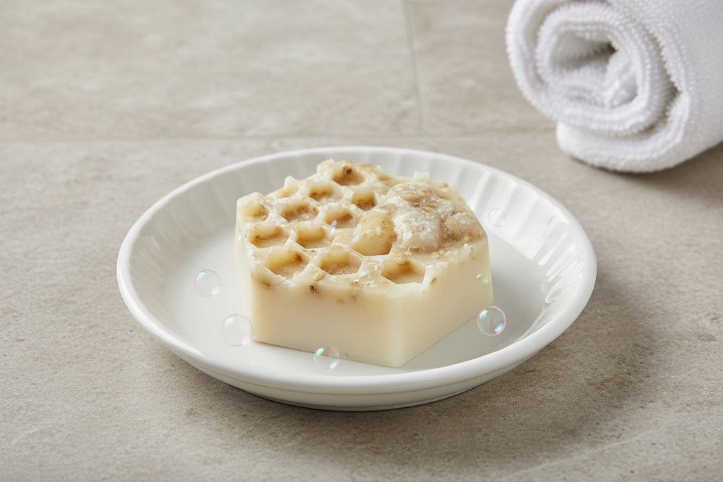 Bar of soap with a honeycomb pattern on a white plate, with a rolled towel in the background.